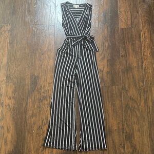 Monteau Black and White Striped Sleeveless Wrap Jumpsuit